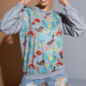 SHEIN X Saramiel Art Mushroom & Cartoon Graphic Drop Shoulder Pullover, S, NWT
